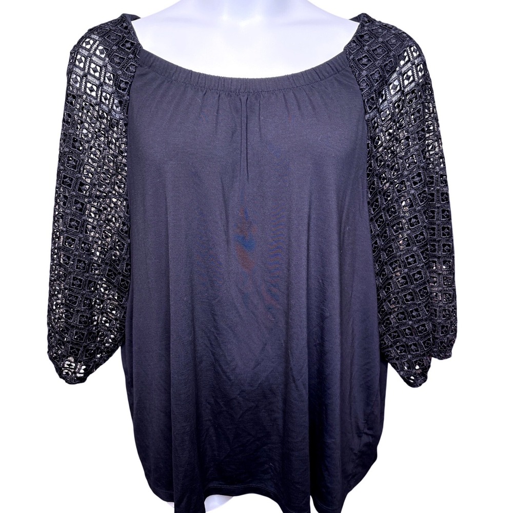 TALBOTS Navy Blue Crochet Lace Sleeve Peasant Top Sz 3X Cottagecore Career-Chic